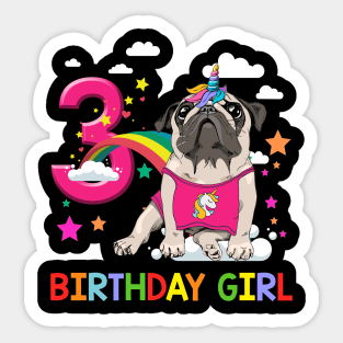 Pug Birthday - 3 Years Old Unicorn Pugicorn Party Sticker